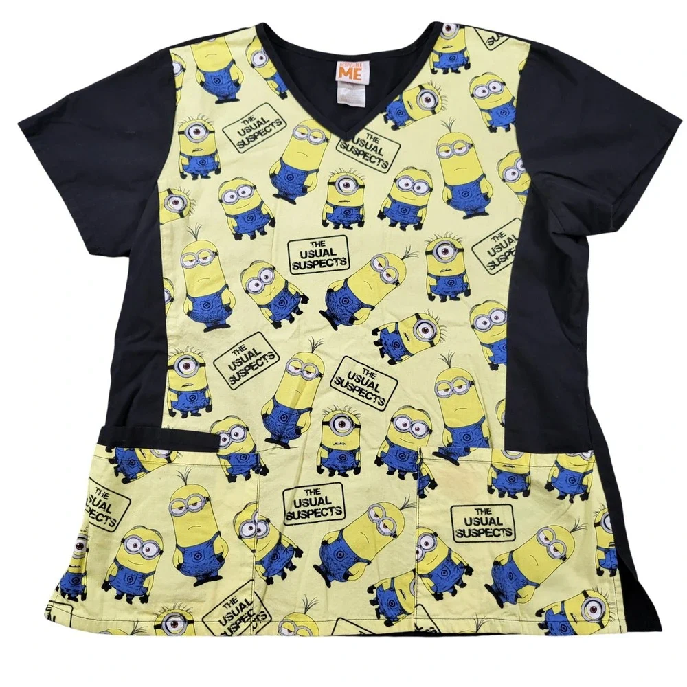 Despicable Me Minions Scrub Top The Usual Suspects Black Yellow Large Flaw* - Picture 1 of 8